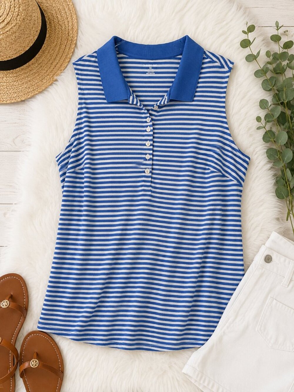 Lands' End Women's 1X Blue White Striped Sleeveless Polo Tank Top